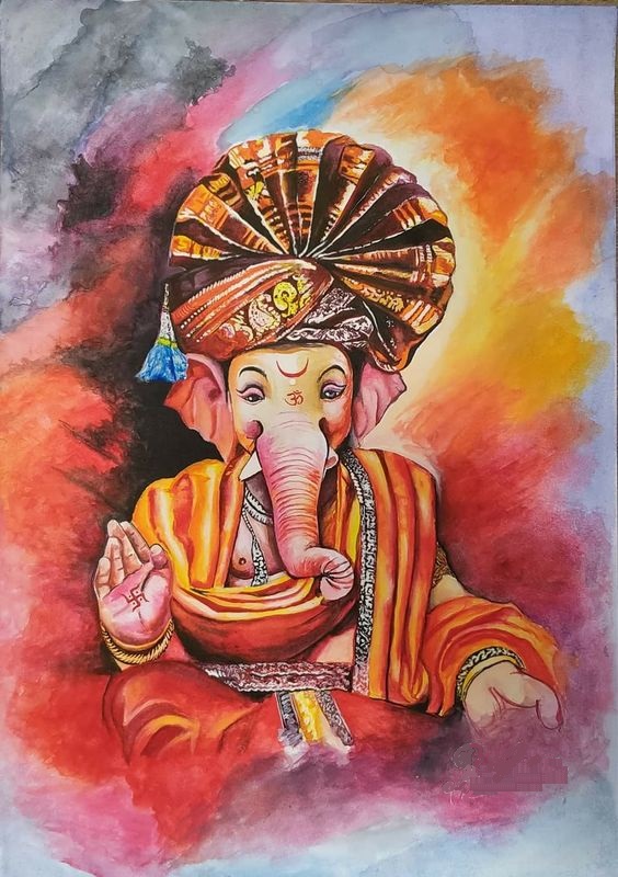 Lord Ganesha Hand Painted Painting On Canvas H 