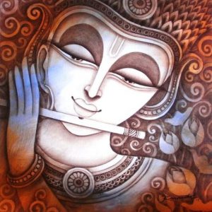 Divine Lord Krishna Hand-Painted Painting On Canvas Unframed