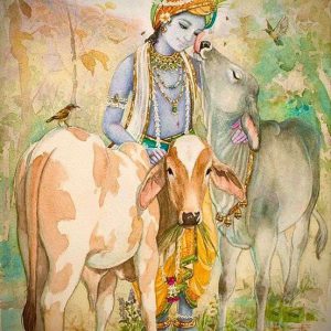 Sacred Lord Krishna with Cow Hand-Painted Painting Unframed