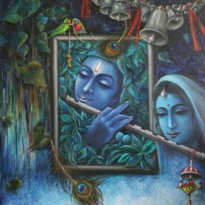 Radha Krishna Playing Flute Hand Painted Painting On Canvas (Without Frame)
