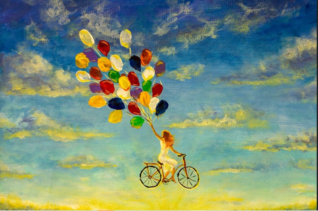 Happy Girl On Bicycle With Balloons Wall Art Painting