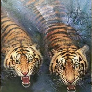 Two Tiger in the Water Hand Painted Paintings on Canvas Wall Art Painting (Without Frame)