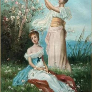 Two Girl in the Garden Hand Painted Paintings on Canvas Wall Art Painting (Without Frame)