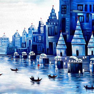Banaras Ghat Handpainted painting on Canvas Wall Art Painting (Without Frame)