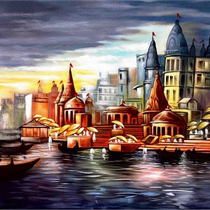 Banaras Ghat Canvas Art Handpainted painting on Canvas (Without Frame)