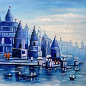 Banaras Ghat Canvas Art Handpainted painting on Canvas Wall Art Painting (Without Frame)