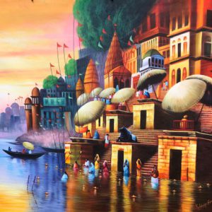 New Banaras Ghat H Handpainted paintings on Canvas Wall Art Painting (Without Frame)