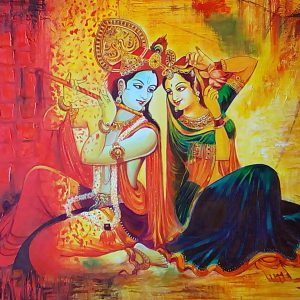 New Radha Krishna With Flute Handpainted paintings on Canvas Wall Art Painting (Without Frame)