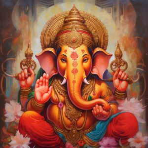 Divine Radiance A Hyper-Realistic Oil Portrait of Lord Ganesha in Resplendent Red on Canvas (Without Frame)