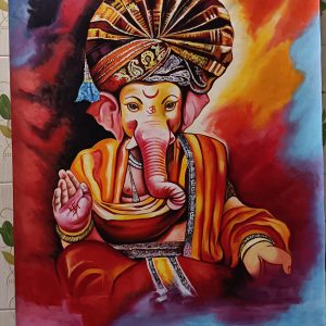 Lord Ganesha Hand Painted Painting On Canvas I (Without Frame)