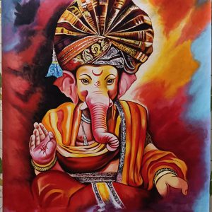 Lord Ganesha Hand Painted Painting On Canvas I (Without Frame)