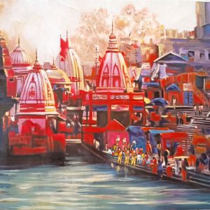 Banaras Ghat Arti Hand Painted Painting On Canvas (Without Frame)