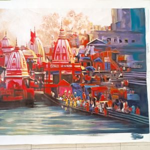 Banaras Ghat Arti Hand Painted Painting On Canvas (Without Frame)