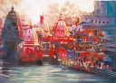 Banaras Ghat Arti Hand Painted Painting On Canvas (Without Frame)